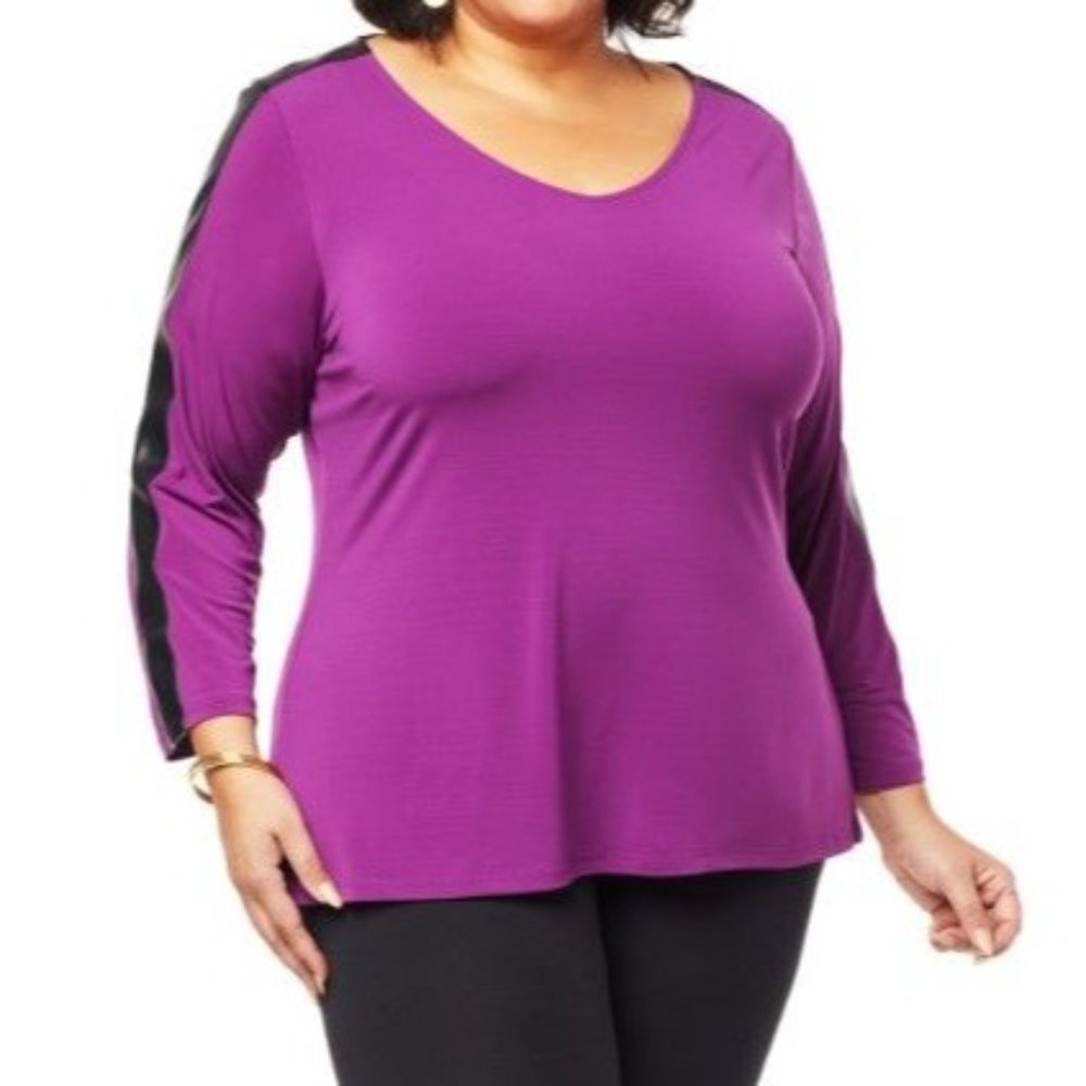 Shavonne Dorsey V-Neck Faux Leather Trim Top Purple & Black Small